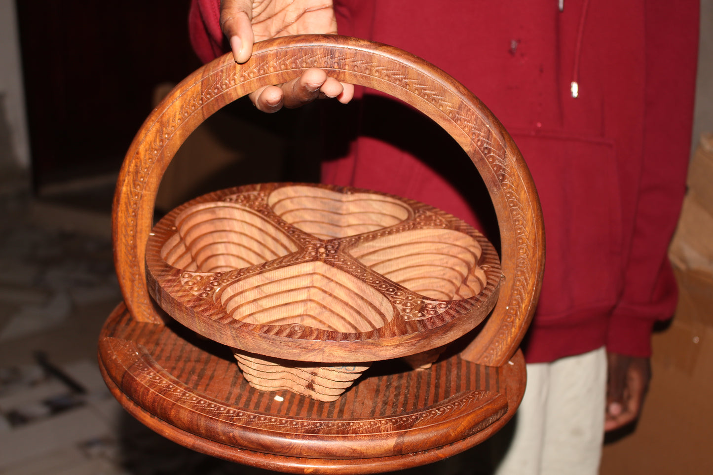 Plateau à Fruits Secs - Panier à Ressort Convertible en Bois Sculpté